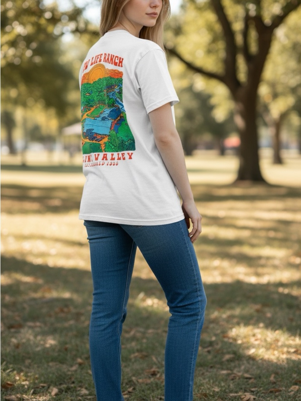 Gildan White New Life Ranch NLR Flint Valley Softstyle Tee with Blue Logo Tag